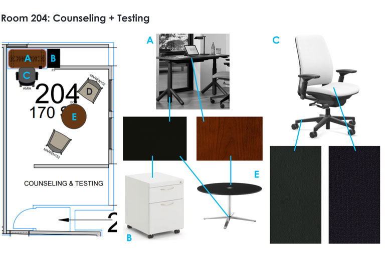 Picture of different interior design options for a counseling office.